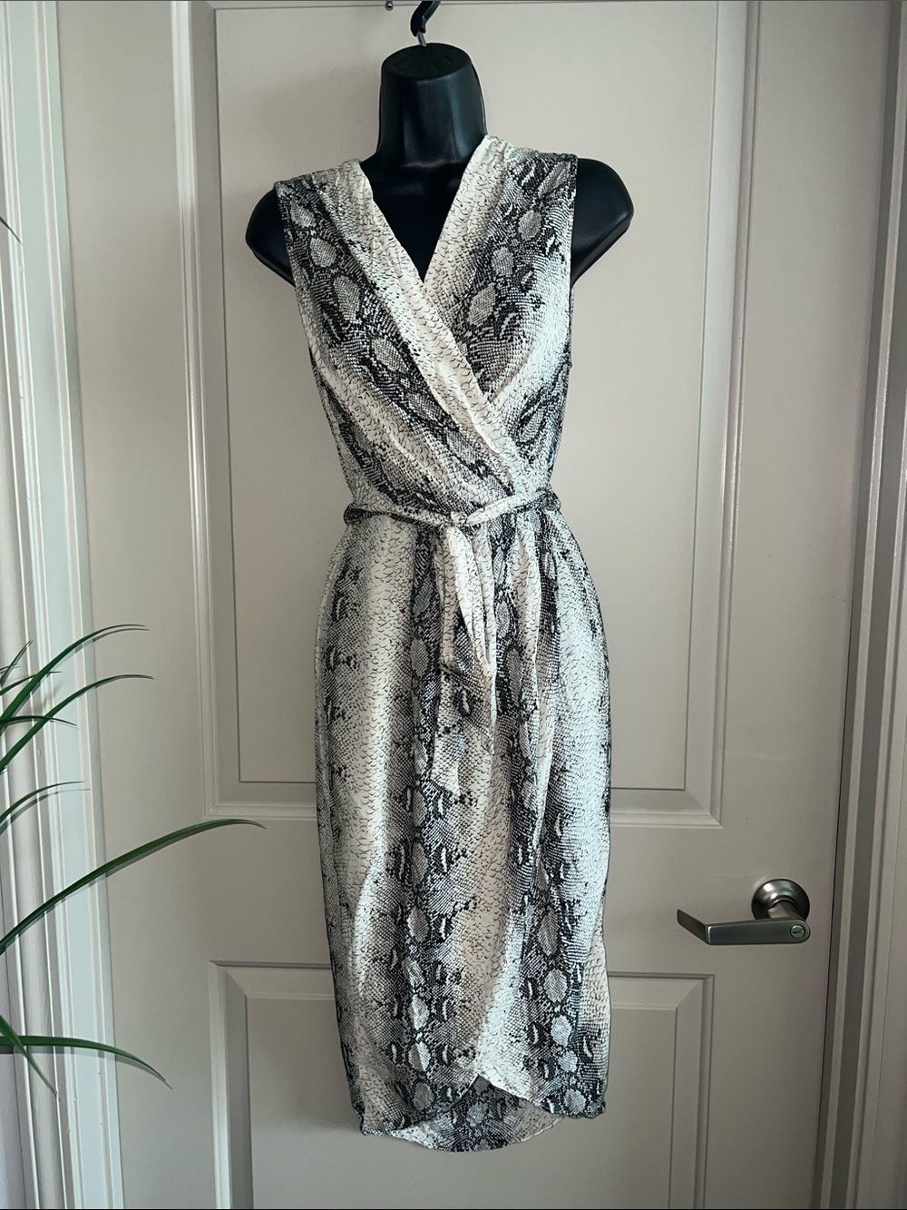 Sleeveless Snake Print Wrap Midi Dress in Black & White